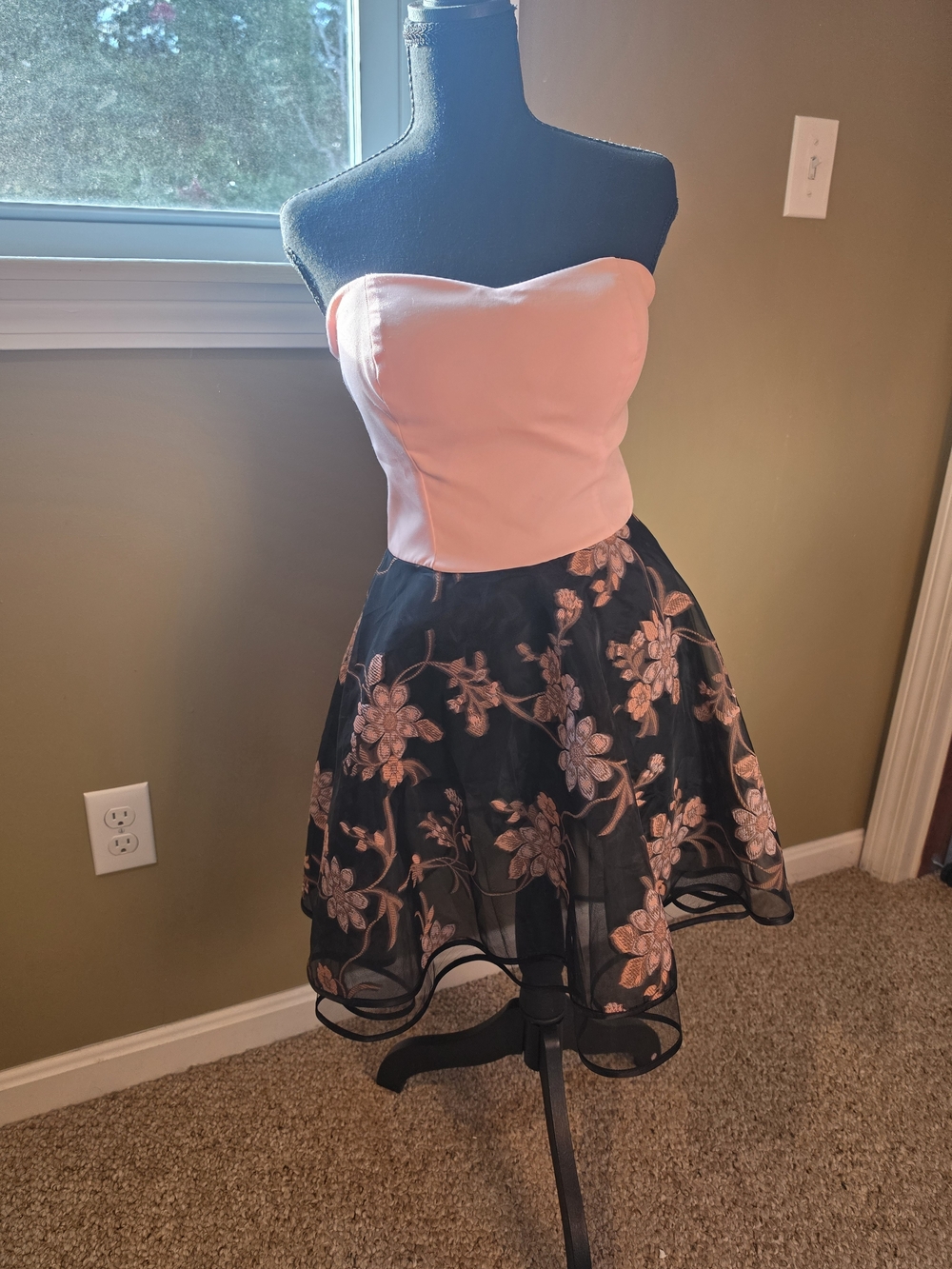 Strapless Pink Bodice with Black Floral Midi Dress